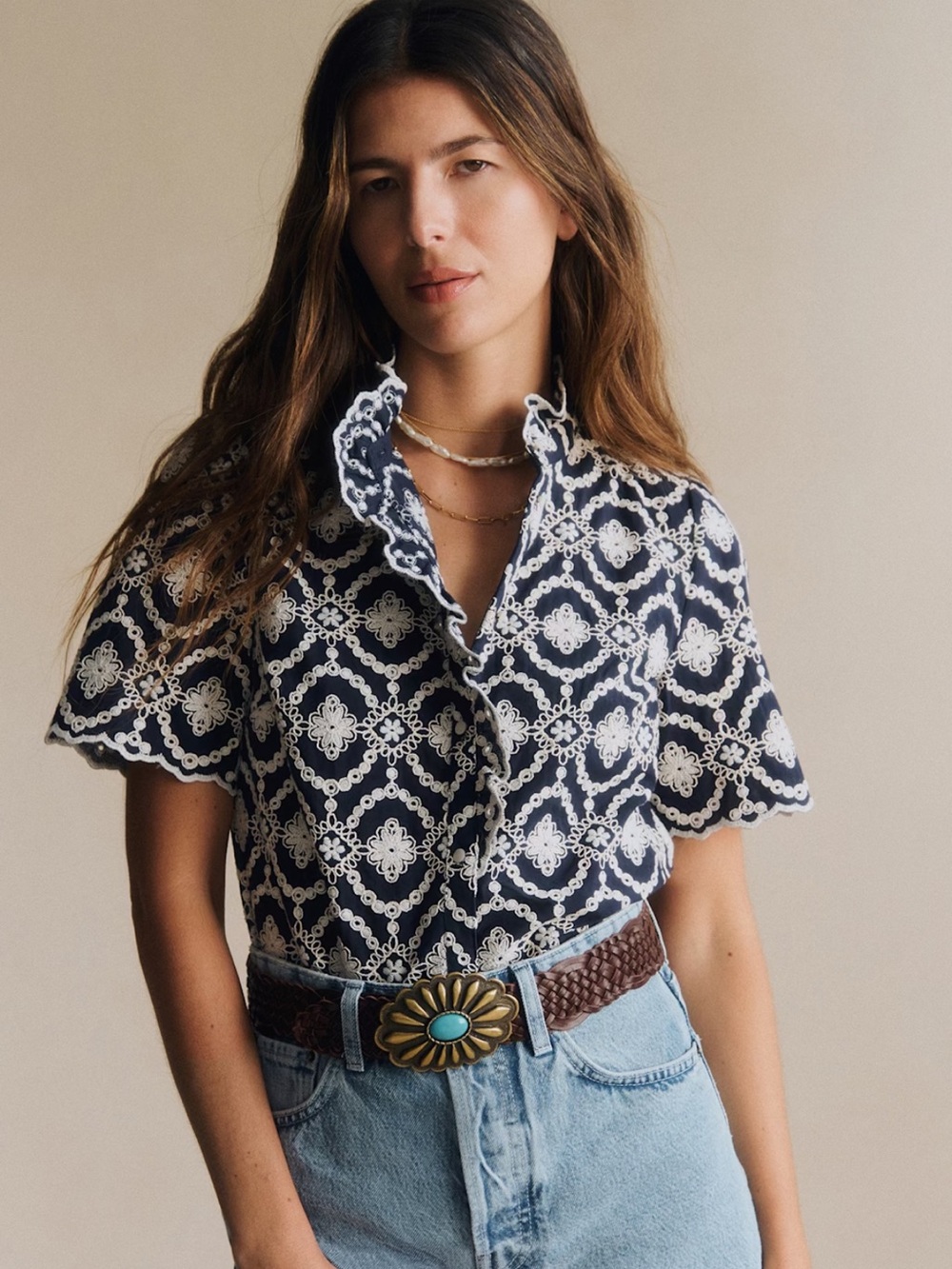 Sezane Dalhia Shirt Marine With Ecru Embroidery - Size 2